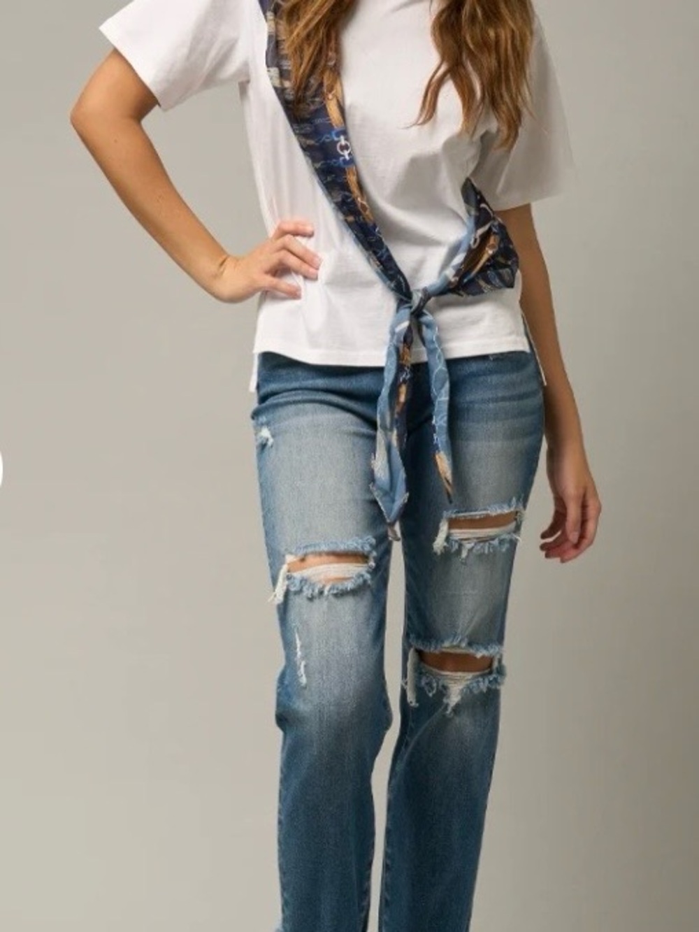 Distressed Mid-Blue MidRise Boyfriend Jeans
